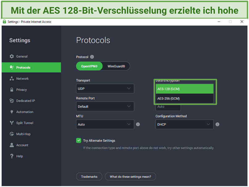 A screenshot showing PIA's encryption options.