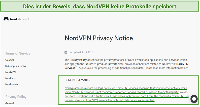 Screenshot showing NordVPN's privacy policy stating it doesn't log users data.