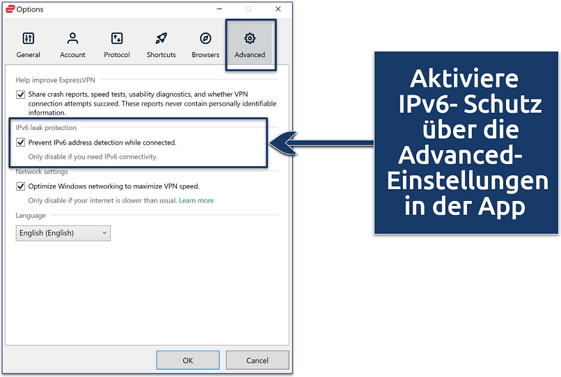 Screenshot showing how to activate ExpressVPN's IPv6 leak protection