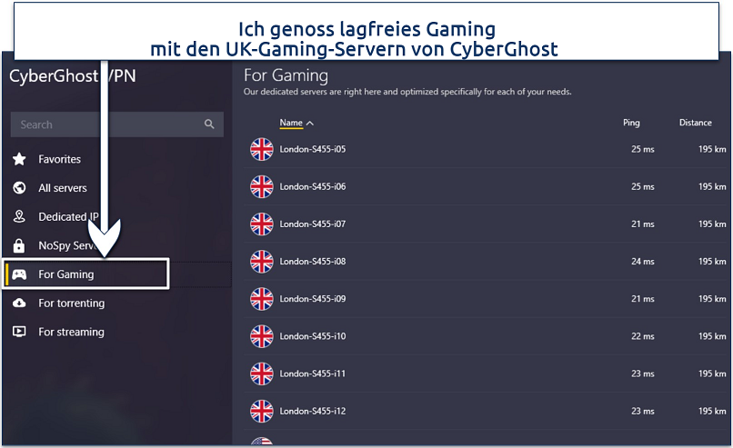 Screenshot showing a list of CyberGhost's gaming-optimized servers