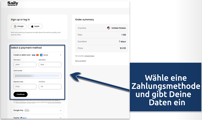 Screenshot showing payment screen for a Saily eSIM plan