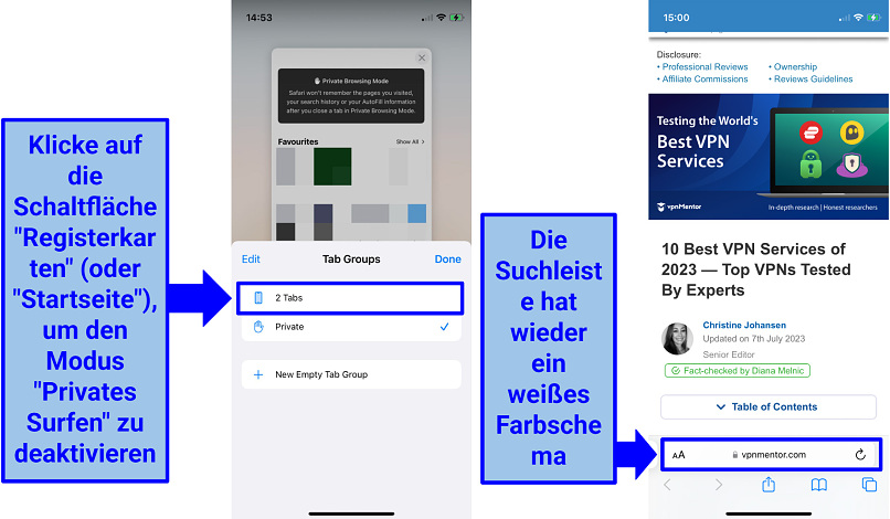 Screenshot of disabling Private Browsing Mode on Safari (iOS)
