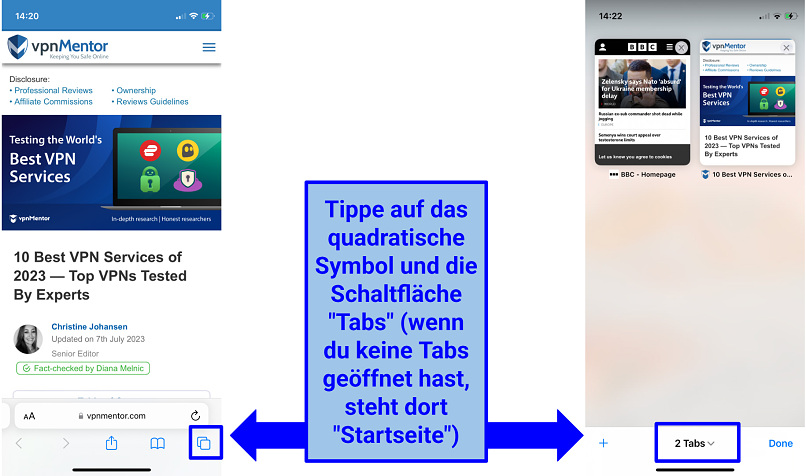 Screenshot of the iOS Safari browser tabs