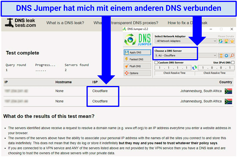 Ein Screenshot, der zeigt, dass Sie einen DNS Jumper nutzen können, um sich mit einem anderen DNS zu verbinden