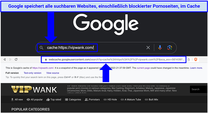 Ein Screenshot, der zeigt, wie man den Cache der Google-Suchmaschine benutzt, um blockierte Pornoseiten zu erreichen