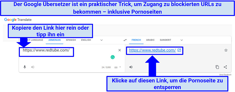 Ein Screenshot zeigt, wie Sie Google Translate verwenden können, um Pornowebsites zu entsperren