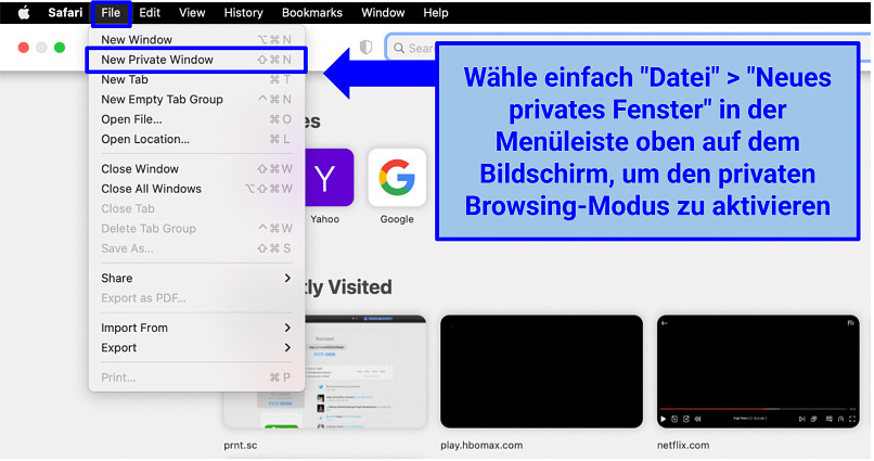 Screenshot of enabling Private Browsing Mode on Safari (MacBook)