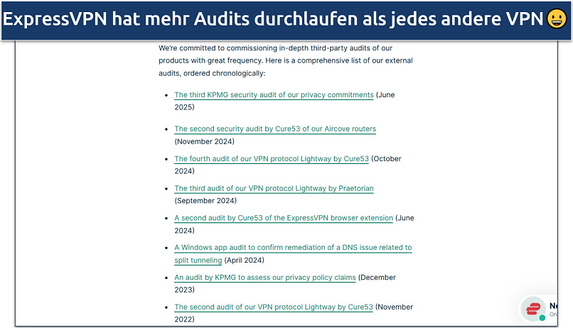 Screenshot of ExpressVPN's website showing its independent audits list