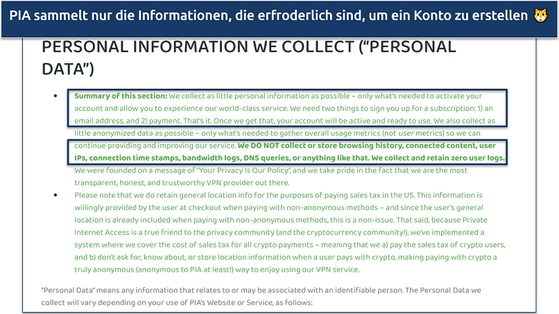 Screenshot von PIAs Datenschutzrichtlinie, die zeigt, welche Daten gesammelt werden
