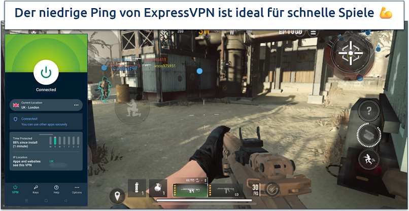 Screenshot von CODM-Gaming-Sessions mit verbundenem ExpressVPN