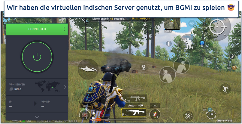 Screenshot von BGMI-Gameplay mit verbundenem PIA