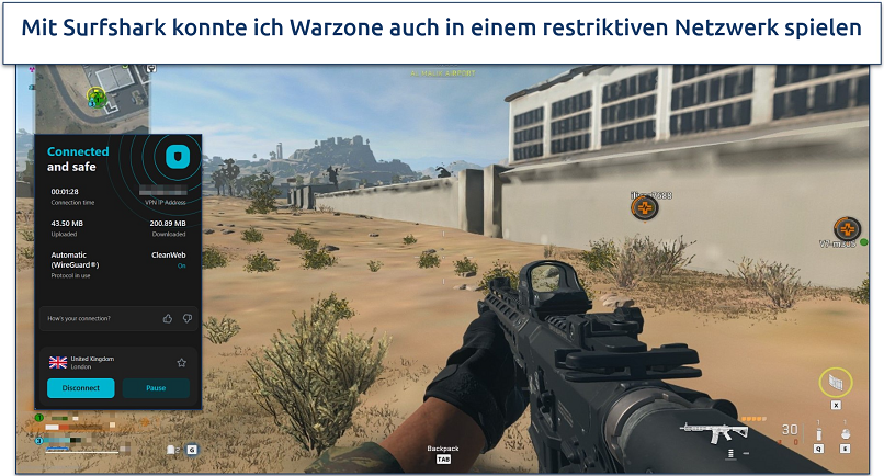 screenshot of warzone gameplay with surfshark connected