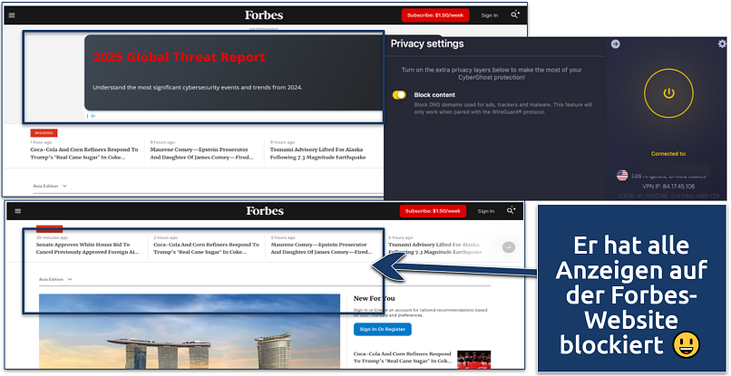 CyberGhost VPN privacy settings with content blocking enabled and comparison of the Forbes site with and without ads