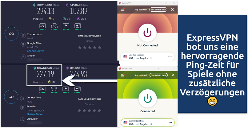 ExpressVPN app with speed tests showing minimal speed drop