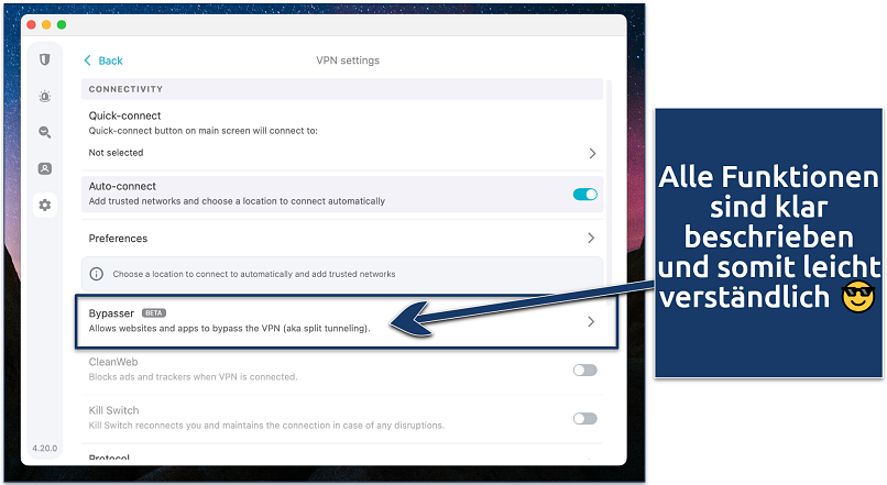 Screenshot of NordVPN’s settings showing some of its features