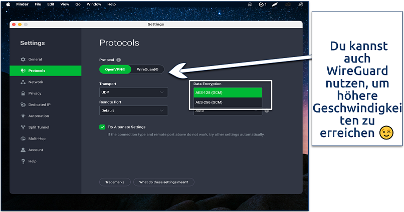 Private Internet Access VPN settings showing protocol and data encryption options, including AES-128 and AES-256