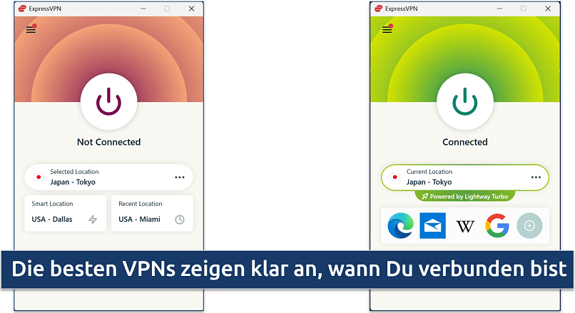 Screenshot of ExpressVPN's Windows app showing the VPN disconnected and connected to the Japan Tokyo server