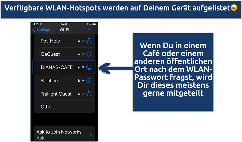 Screenshot showing the available WiFi hotspots on an iPhone