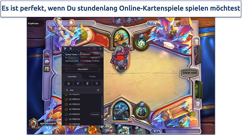 Screenshot of Proton VPN connected to the US Free#25 server while playing Hearthstone