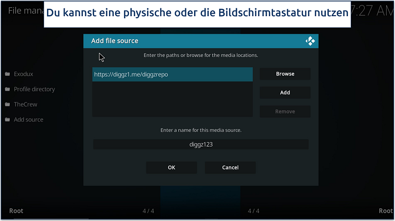 Screenshot of the Kodi Add source interface with the on-screen keyboard