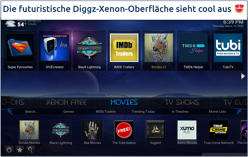 Screenshot of the Diggz Xenon Free Kodi menu interface