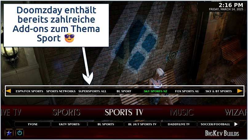 Screenshot of the Doomzday BigKev - NOVA Kodi interface with its Sports TV menu