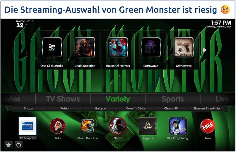 Screenshot of the Green Monster interface highlighting its diverse range of streaming addons