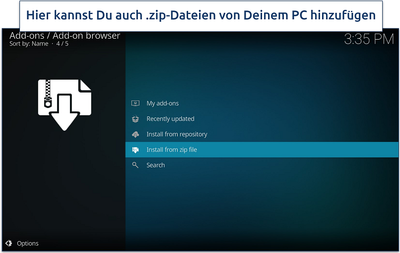 Screenshot showing addon installation options on Kodi