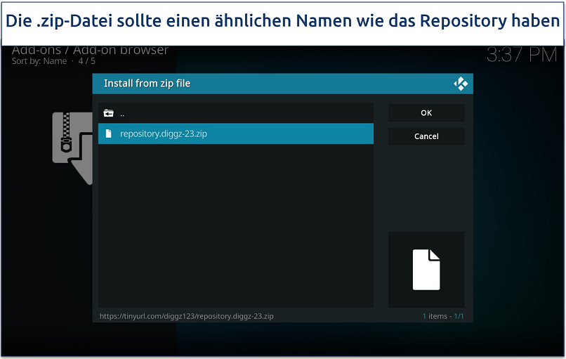 Screenshot of the Kodi Add-on browser with the build zip file