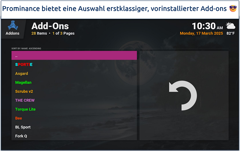 Screenshot of the pre-installed addons list found in the Prominance Kodi build