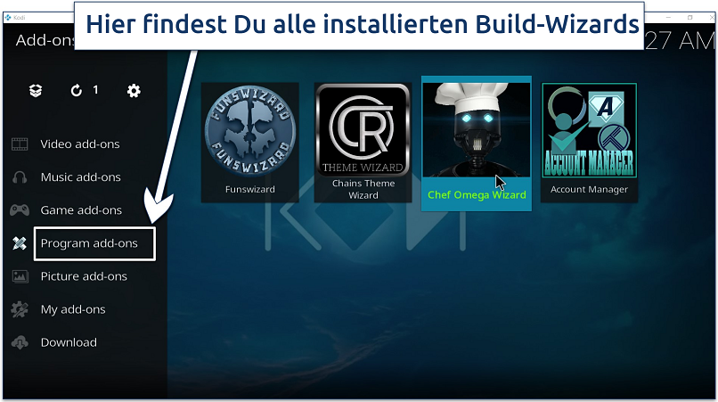Screenshot of the Program Add-ons screen on Kodi, showing the Chef Omega Wizard, Funswizard, and Chains Theme Wizard