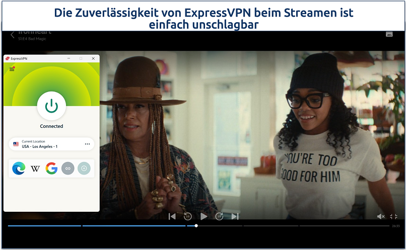 Screenshot eines Streams von Ironheart auf Disney+, während einer bestehenden Verbindung mit dem Server USA – Los Angeles – 1 von ExpressVPN