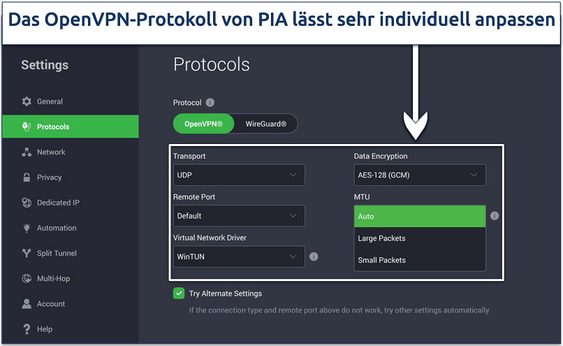 Screenshot der Protokolleinstellungen von PIA mit den Anpassungsoptionen für OpenVPN