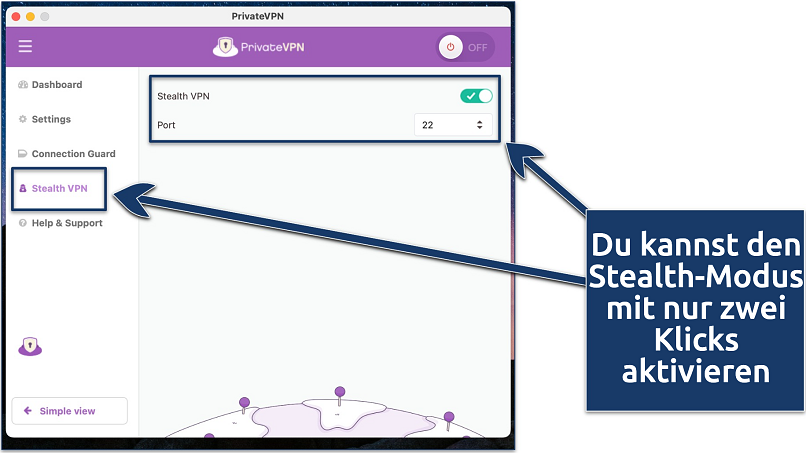 Screenshot der macOS-App von PrivateVPN mit aktivierten Stealth-VPN-Einstellungen