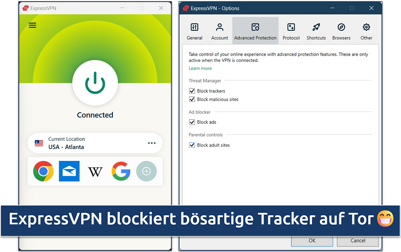 Screenshot of ExpressVPN's Windows app with Advanced Protection options for Tor