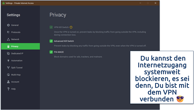 Screenshot of PIA's Windows app with its kill switch options
