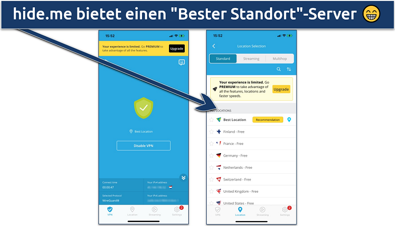 Screenshot of the free servers list in the hide.me iOS app