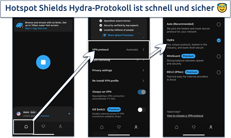 Screenshot of the protocol settings in the Hotspot Shield iOS app