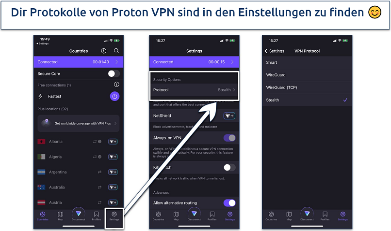 Screenshot of the VPN protocol list in the Proton VPN iOS app