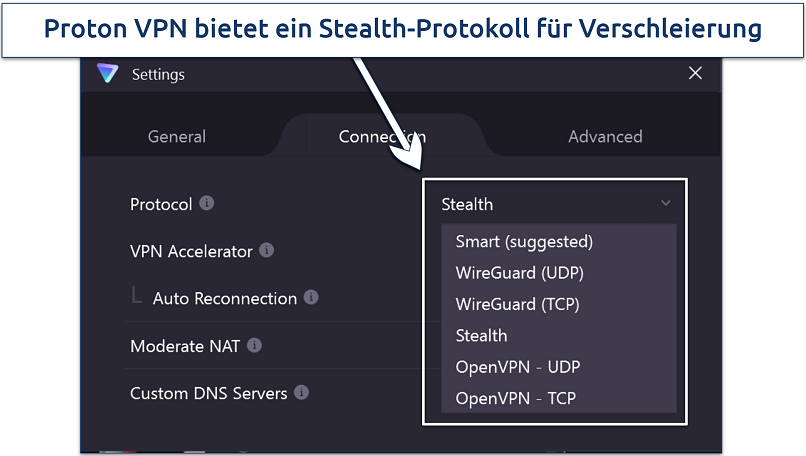 Screenshot of ProtonVPN's Windows app highlighting its stealth protocol