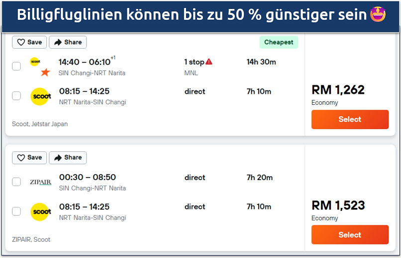 Screenshot of a Kayak flight search showing prices from budget carriers