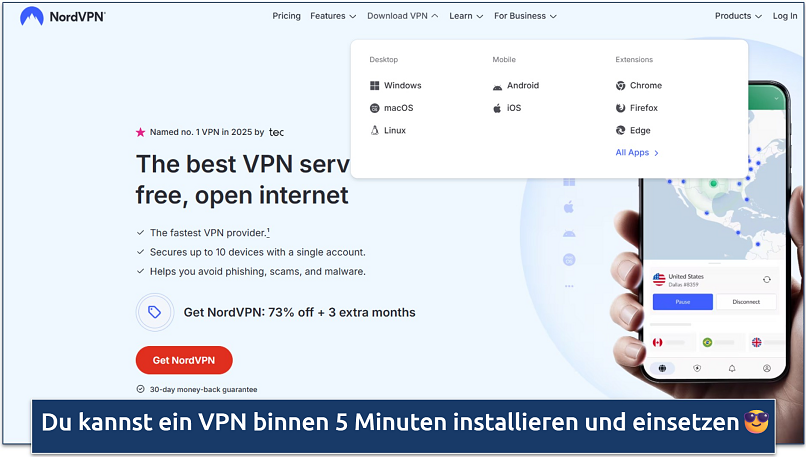 Screenshot of NordVPN’s website homepage highlighting its app availability across desktop, mobile, and browser extensions, along with a promotional offer