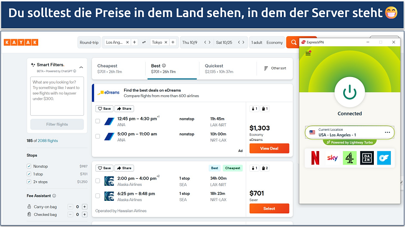 Screenshot of flight search results in USD on Kayak while connected to the ExpressVPN Los Angeles–1 server