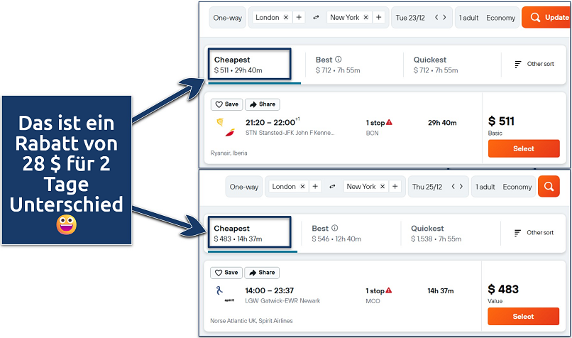 Screenshot of a Kayak flight search showing the different prices for 23 and 25 December
