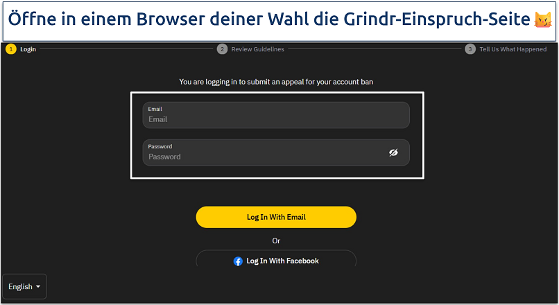An image of the Grindr appeal page sign in